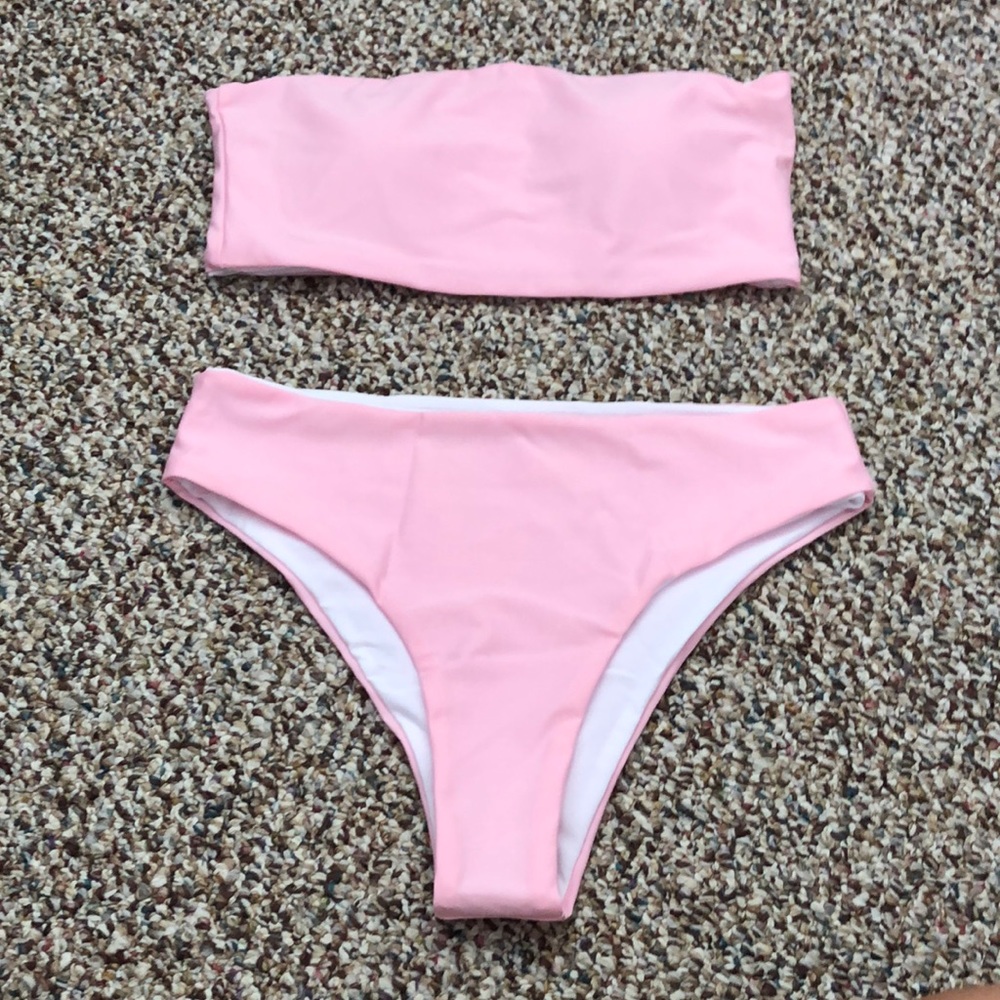 Solid Bandeau Bikini Set (Pink, Pastel)